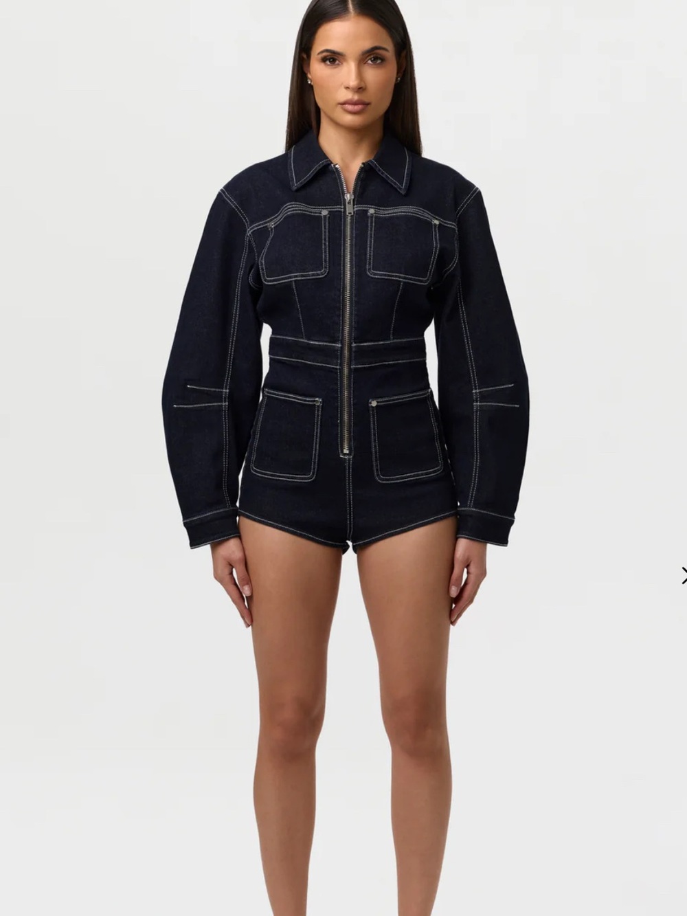 Naked Wardrobe Dark Indigo High-Waist Denim Romper with Contrast Stitching